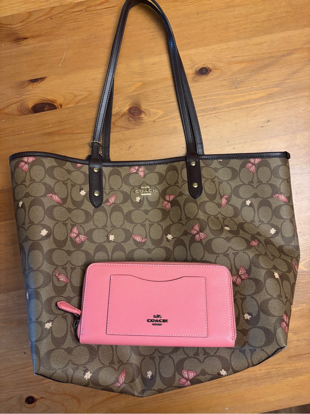 Coach Brown Signature Tote with Pink Butterfly Print and Pink Wallet